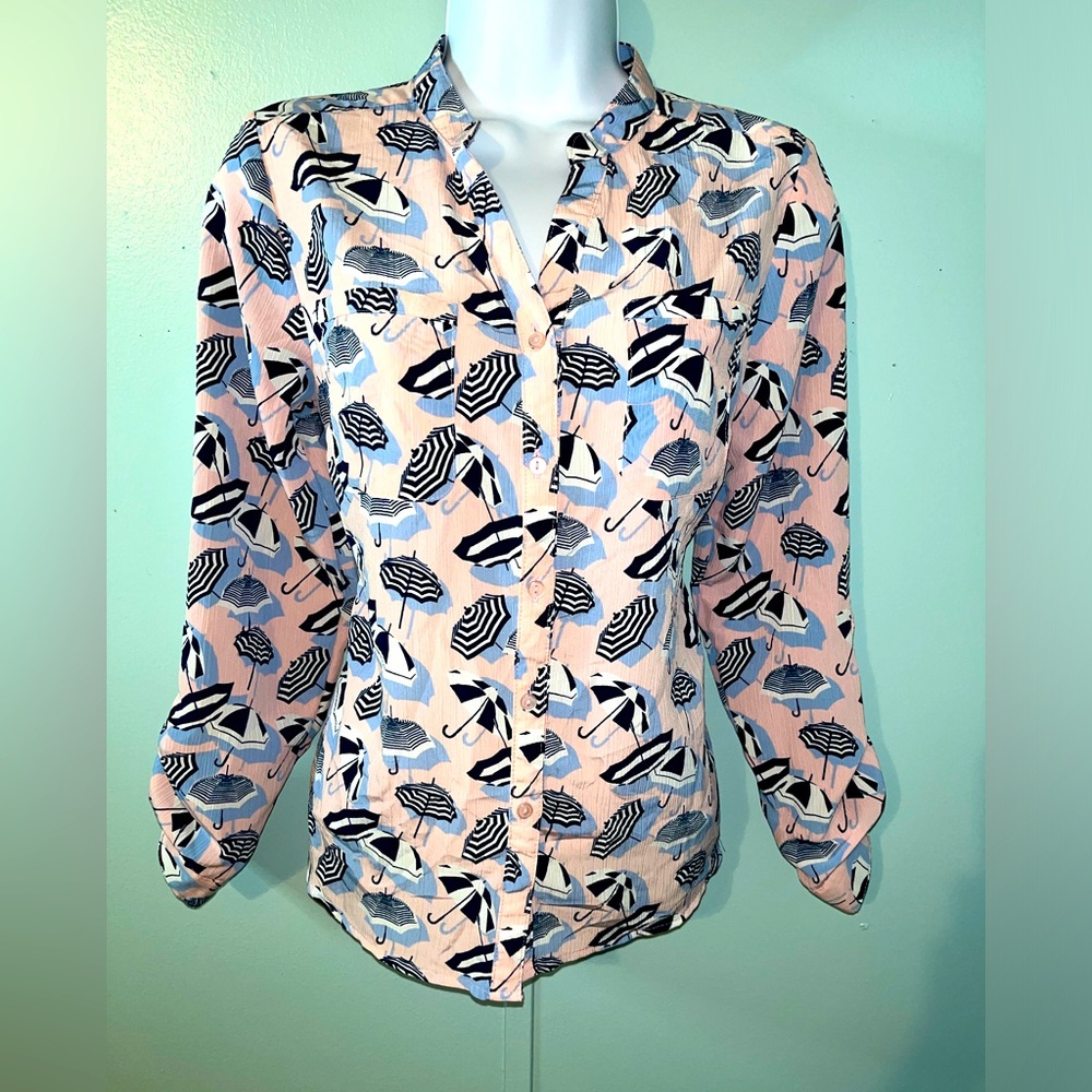 Kim Rogers Blouse Button Up Punk Blue Umbrellas Size PS‎